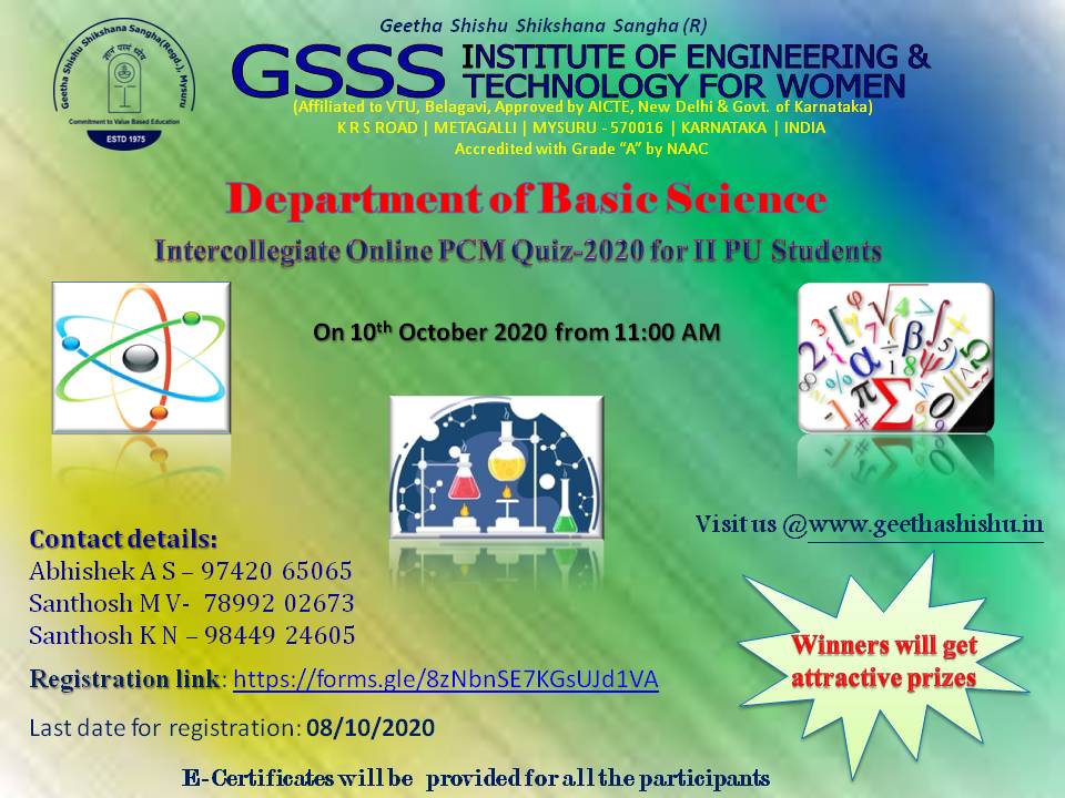 Department of Basic science, GSSSIETW, Mysuru had organized an “Intercollegiate Online PCM Quiz-2020” for II PU Students held on October 10th 2020