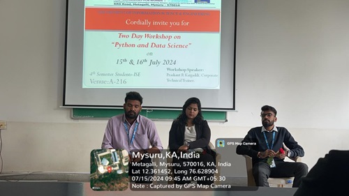 Two days workshop on “Python and Data Science” for IV semester students from 15th – 16th July 2024