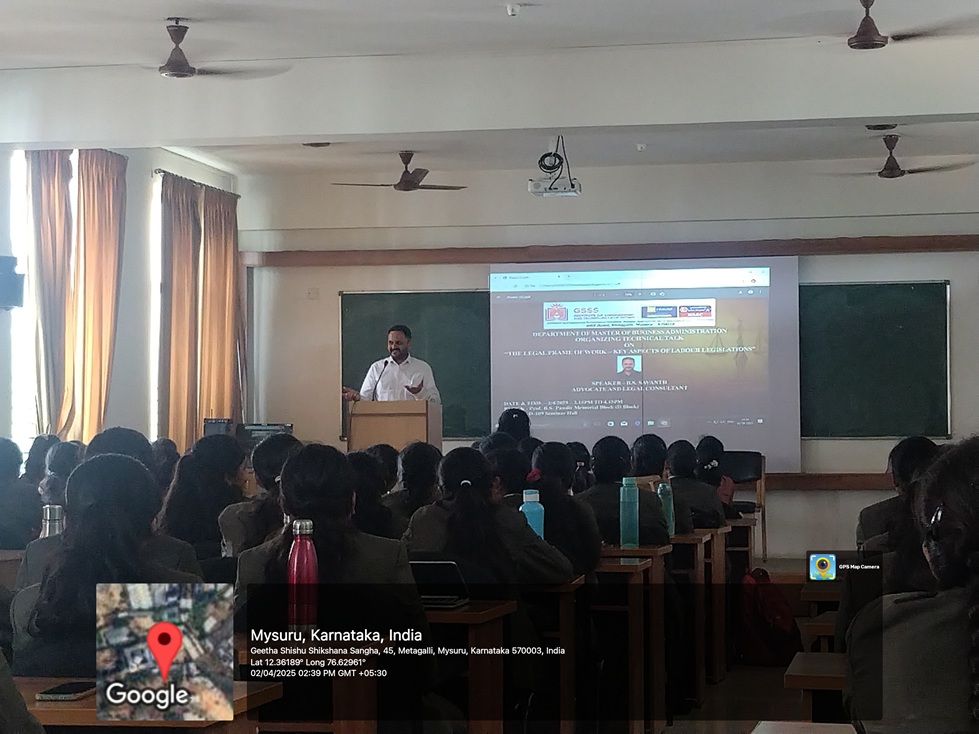 A Technical Talk on The Legal Frame of Work-Key Aspects of Labour Legislations by B.S.Savanth (Advocate & Legal Consultant) for the benefit of Emerging Managerial students of II MBA
