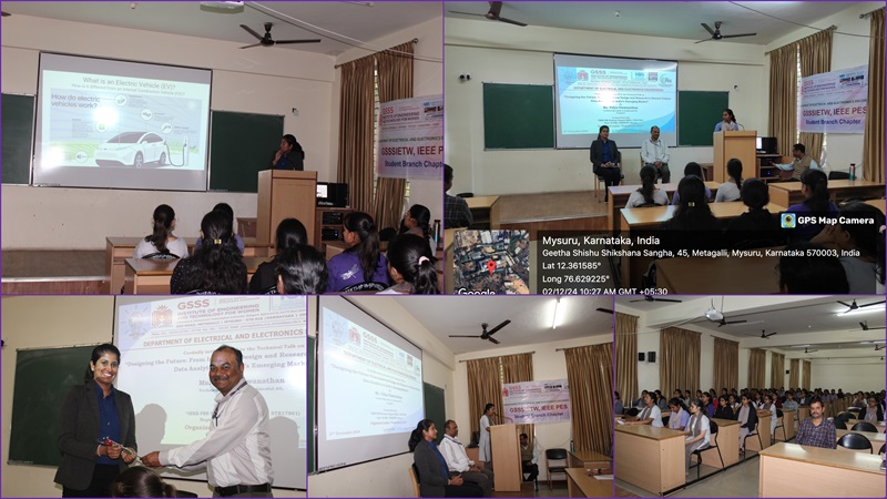 Department of EEE, GSSSIETW, Mysuru, Organized a Technical Talk on “Designing the Future: From Industrial Design and Research to Electric Vehicle Data Analytics in India’s Emerging Market” on 2nd December 2024, Under Power Tech Club, In Association with IEEE PES Student Chapter, for 3rd and 5th Semester EEE Department Students. Resource Person: Ms. Vidya Viswanathan, Technical Specialist at Continental AG, Bengaluru.