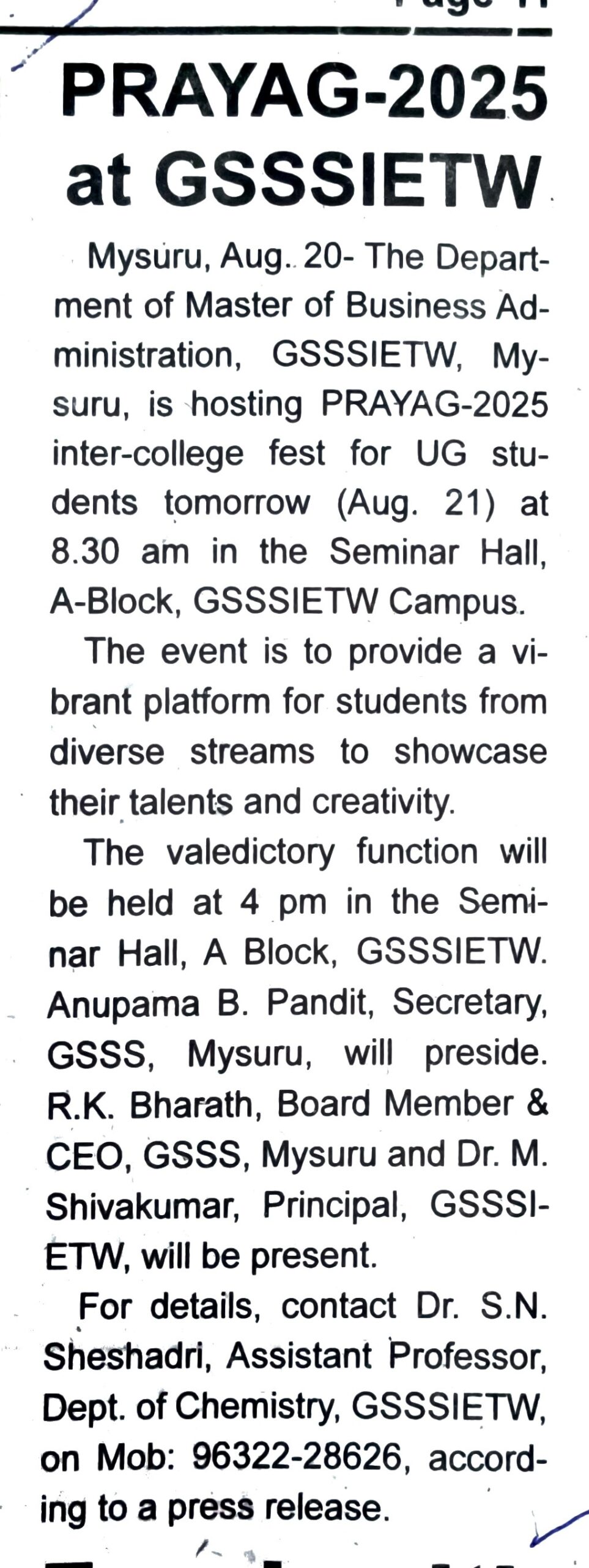 Prayag 2025 at GSSSIETW has been published in the Star of Mysore, page no. 11 dated 20th Aug 2025