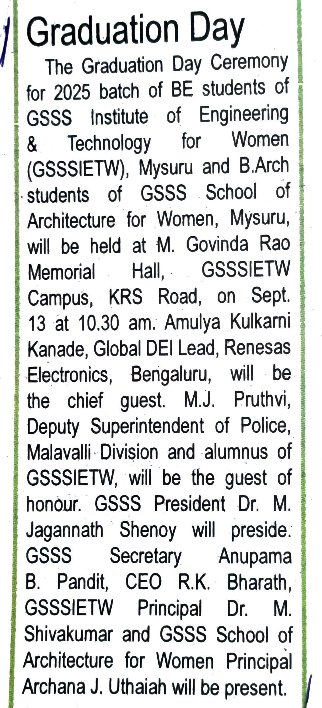 Graduation Day scheduled on 13-09-2025 at GSSSIETW has been published in the Star of Mysore on page 4 dated 11th Sep. 2025