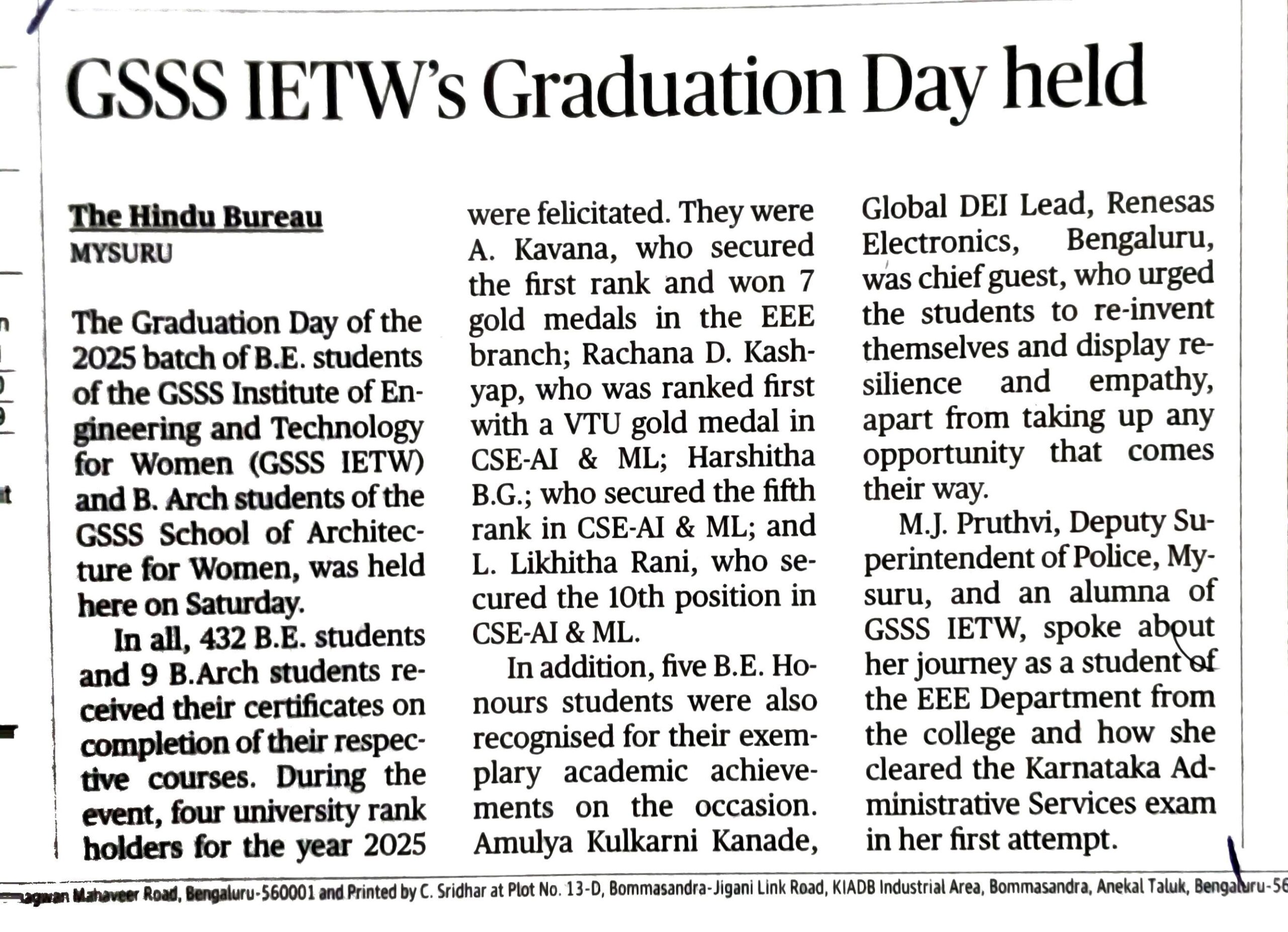 Newspaper clipping about the Graduation Day celebrated at GSSSIETW has been published in newspapers: The Hindu Page No 03, Vijaya Karnataka Page No 08, and Andolana Page No 04 dated 14th Sep. 2025
