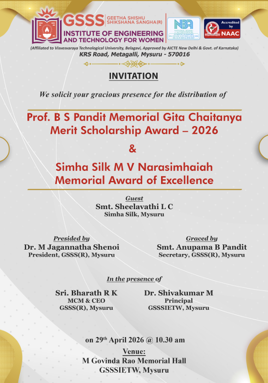 Read more about the article Prof. B S Pandit Memorial Gita Chaitanya Merit Scholarship Award- 2026 & Simha Silk M V Narasimhaiah Memorial Award of Excellence on 29th April 2026