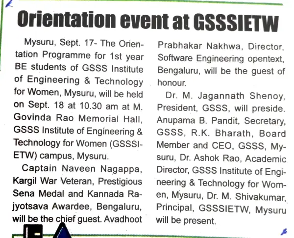 Newspaper clipping about the Orientation Event has been published in newspapers:  Star of Mysore page no 2 dated 17-09-2026, Mysuru Mitra page no 2 dated 18-09-2026, Vijaya karnataka page no II dated 18-09-2026, Andolana Page no 6 dated 18-09-2026 & Prajavani page no 4A dated dated 18-09-2026